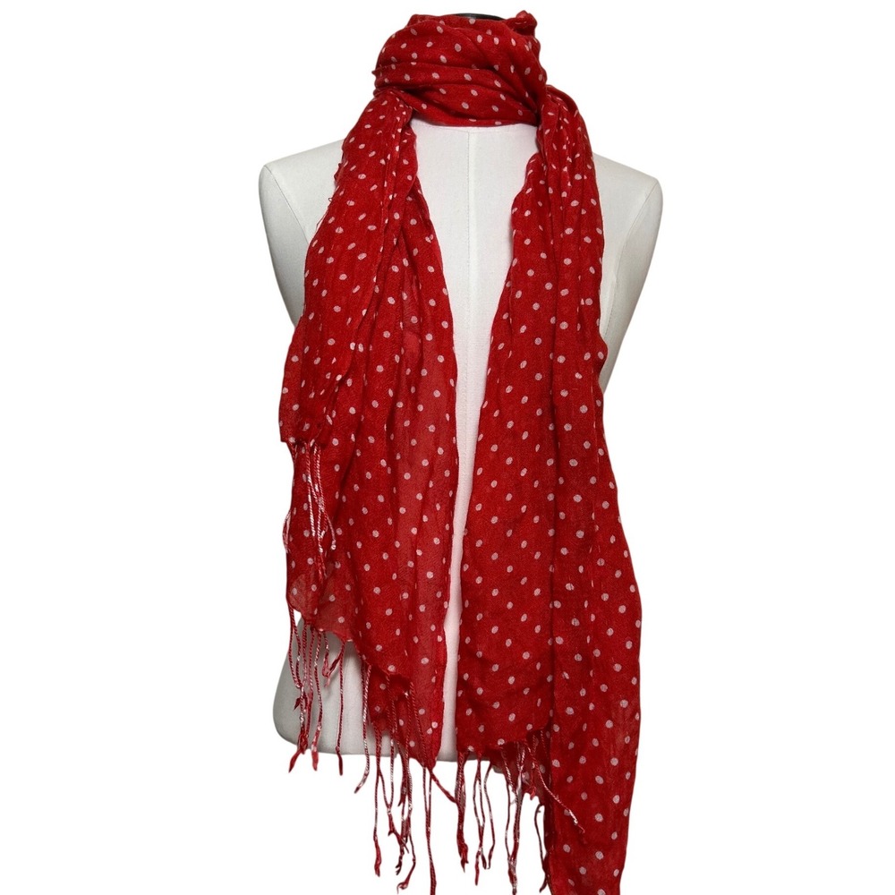 Red Polka Dot Lightweight Scarf White Dots Fringe‎ Trim Wrap Retro 50's Pinup